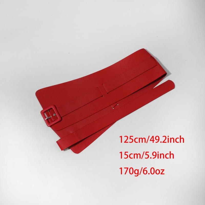 Red PU Corset Belt Adjustable Square Pin Buckle Classic Wide Waistband