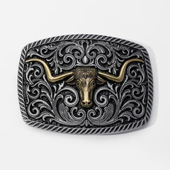 Rectangular Horn Bull Belt Buckle Engraved Vintage Cowboy Buckle