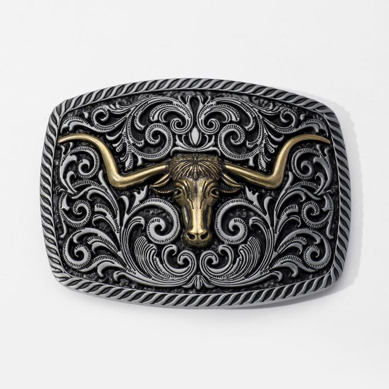 Rectangular Horn Bull Belt Buckle Engraved Vintage Cowboy Buckle