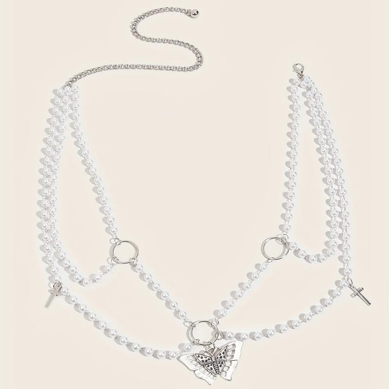 Butterfly Pendant Chain Belt with Pearl Tassel Punk Waist Girdle