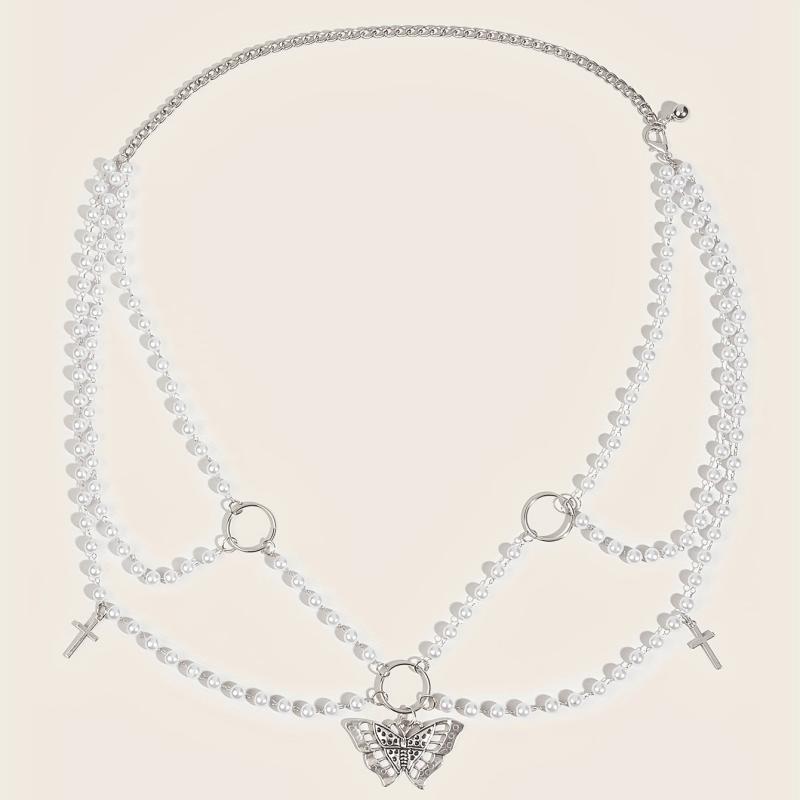 Butterfly Pendant Chain Belt with Pearl Tassel Punk Waist Girdle