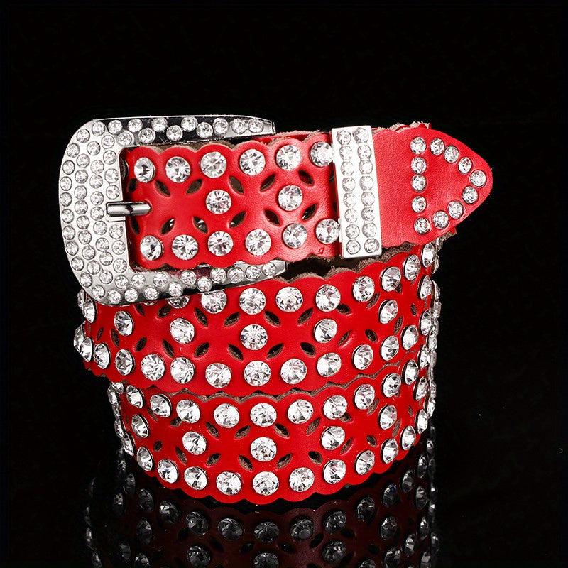 Lucky Clover Hollow Leather Belt Rhinestone Decor Hip Hop Casual Belt