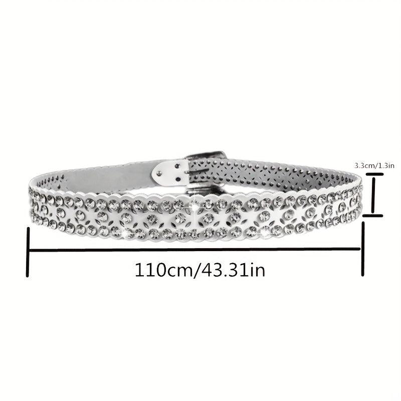 Lucky Clover Hollow Leather Belt Rhinestone Decor Hip Hop Casual Belt