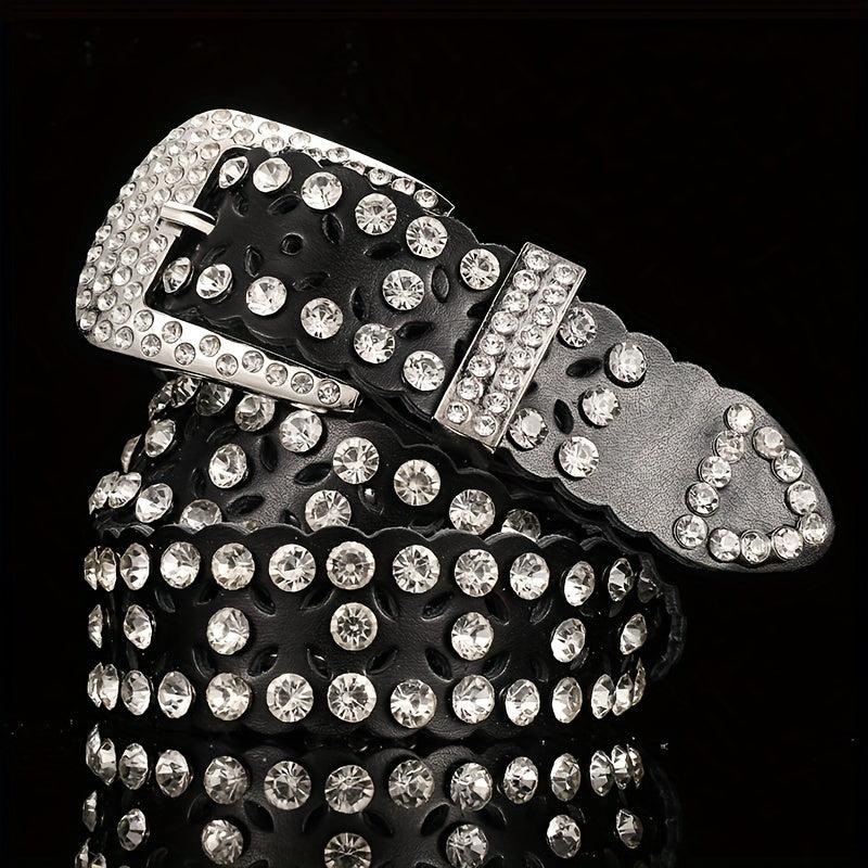 Lucky Clover Hollow Leather Belt Rhinestone Decor Hip Hop Casual Belt