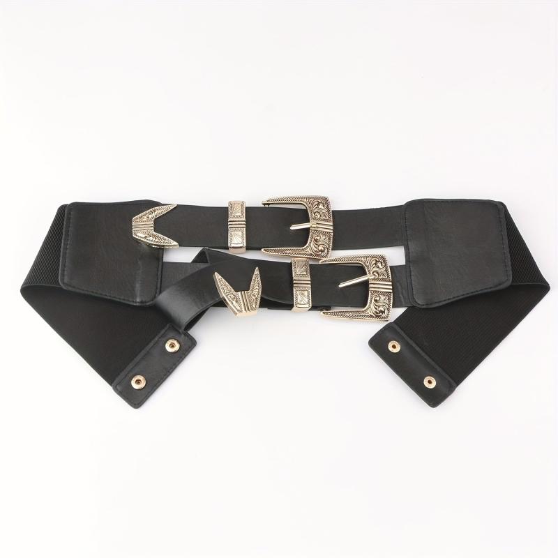 Double Layer Buckle Waistband Elastic Wide Belt Gothic Women Corset Dress Girdle