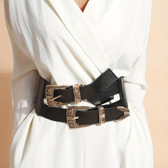 Double Layer Buckle Waistband Elastic Wide Belt Gothic Women Corset Dress Girdle