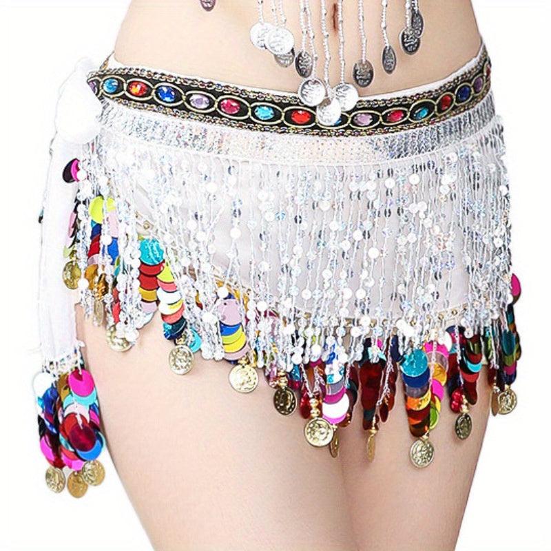 Boho Belly Dance Hip Scarf Tassel Waistband Glitter Colorful Beaded