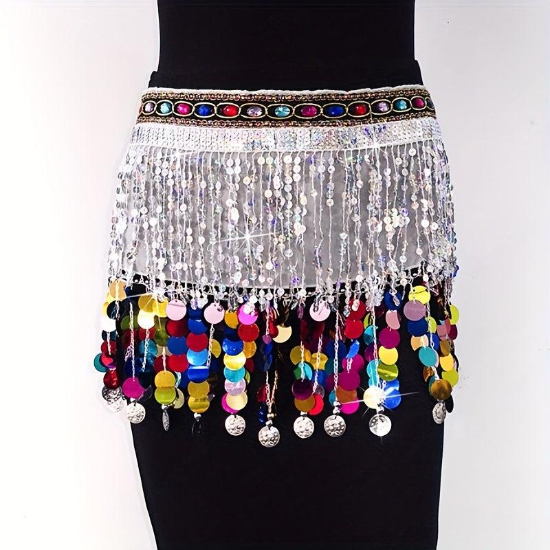 Boho Belly Dance Hip Scarf Tassel Waistband Glitter Colorful Beaded