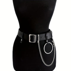 Punk Chain Ring Decor Belt PU Leather Waistband Gothic Adjustable Harness Belt