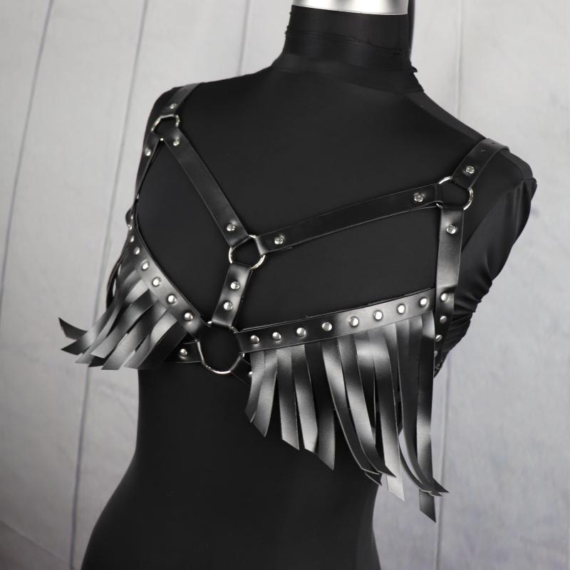 Striped Tassel Caged Bra Harness Belt Rivet Adjustable Corset Belt