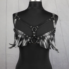 Striped Tassel Caged Bra Harness Belt Rivet Adjustable Corset Belt