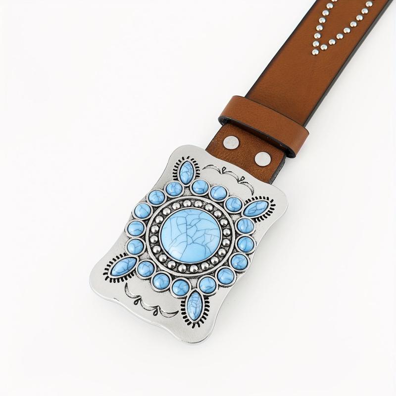 Boho Turquoise Belt Square Buckle Rhinestone Decor PU Belt