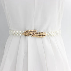 Metal Leaf Elastic Pearl Waist Chain for Dress