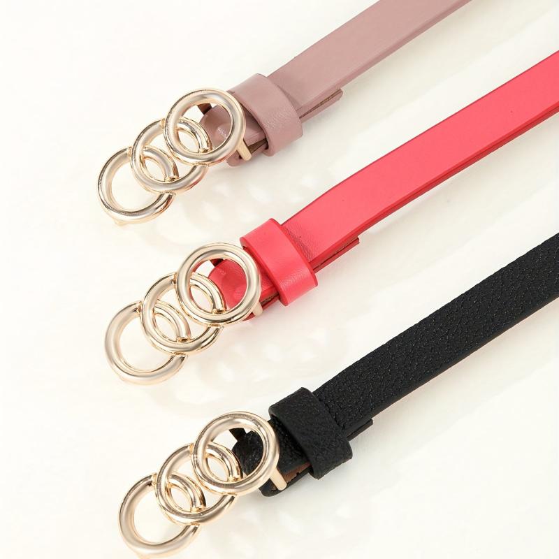 3pcs Triple Ring Buckle Belt Dark Pink Red PU Vintage Waistband Girdle