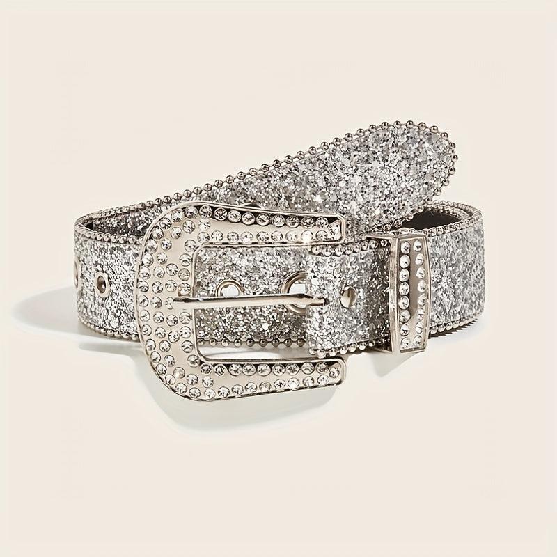 Glitter Eyelet Belt Hip Hop Rhinestone PU Leather Waistband
