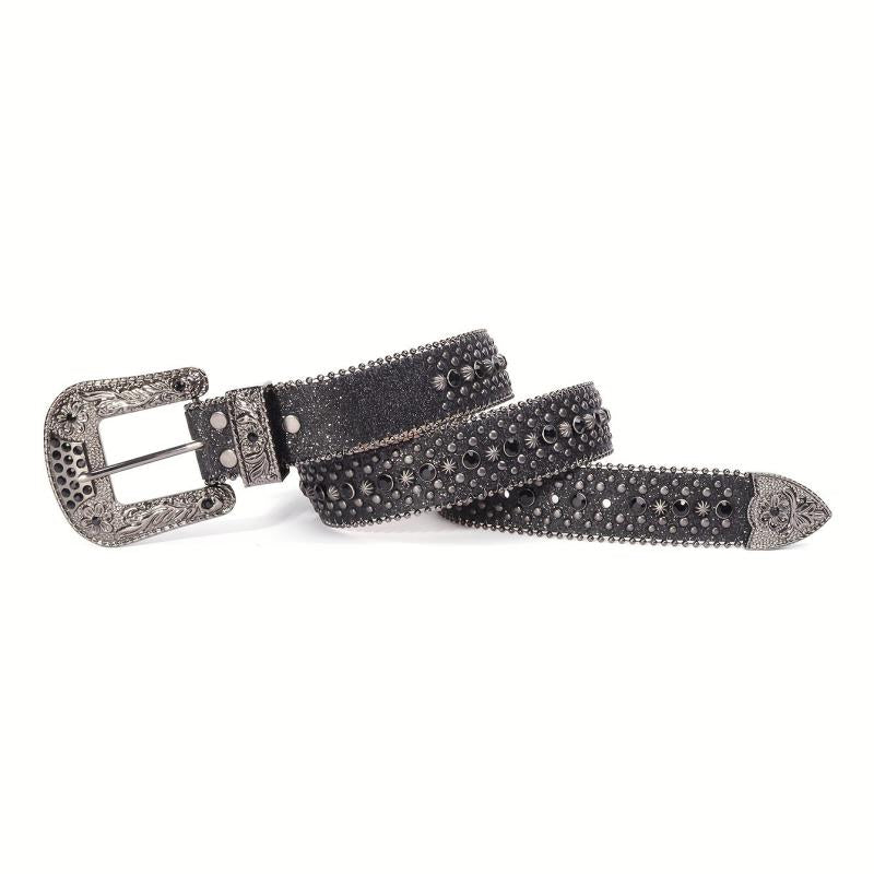 Glitter Rhinestone Rivet Belt Hip Hop Stylish Carved Buckle PU Belt