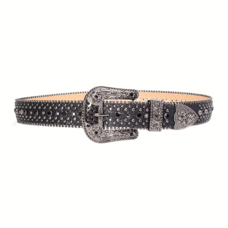 Glitter Rhinestone Rivet Belt Hip Hop Stylish Carved Buckle PU Belt