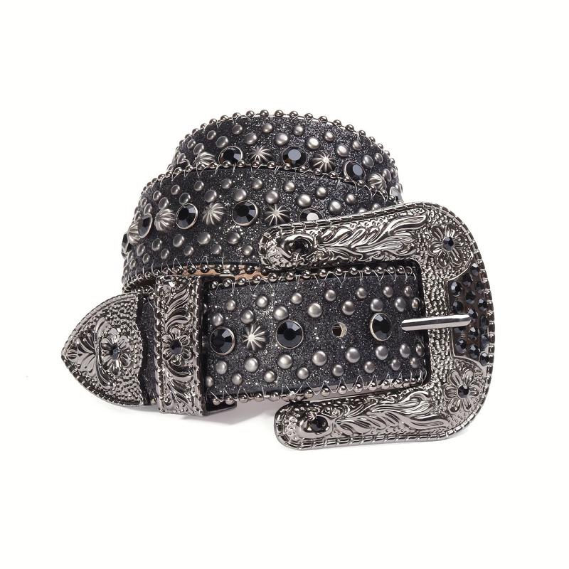 Glitter Rhinestone Rivet Belt Hip Hop Stylish Carved Buckle PU Belt