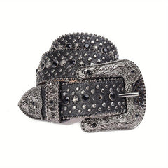 Glitter Rhinestone Rivet Belt Hip Hop Stylish Carved Buckle PU Belt
