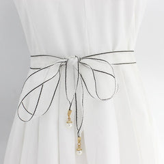 Lace Waistband Dress Belt with Pearl Pendant