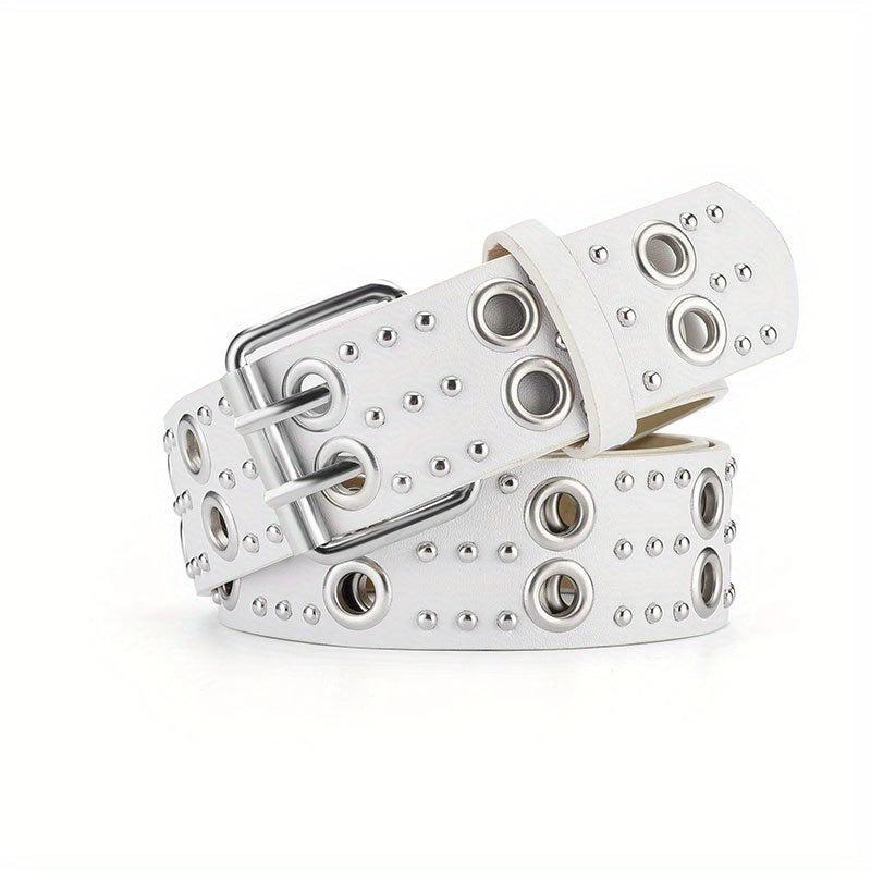 Double Pin Buckle Rivet Belt Hollow Out PU Leather Punk Jeans Pants Belt