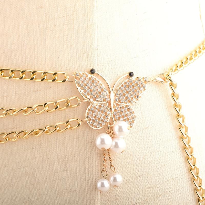 Golden Waist Chain Butterfly Buckle Faux Pearl Pendant Waistband for Women