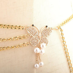Golden Waist Chain Butterfly Buckle Faux Pearl Pendant Waistband for Women
