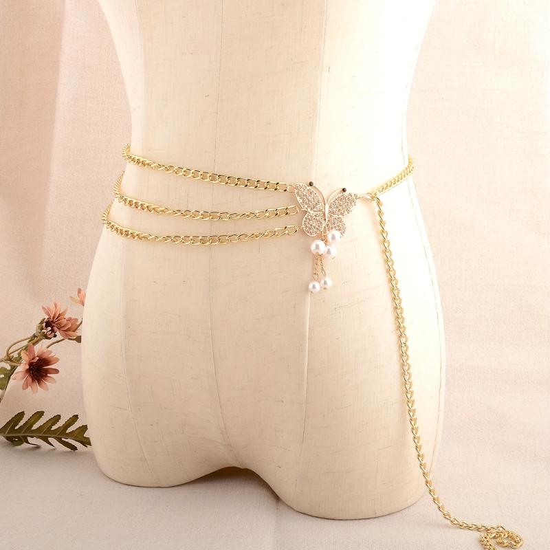 Golden Waist Chain Butterfly Buckle Faux Pearl Pendant Waistband for Women
