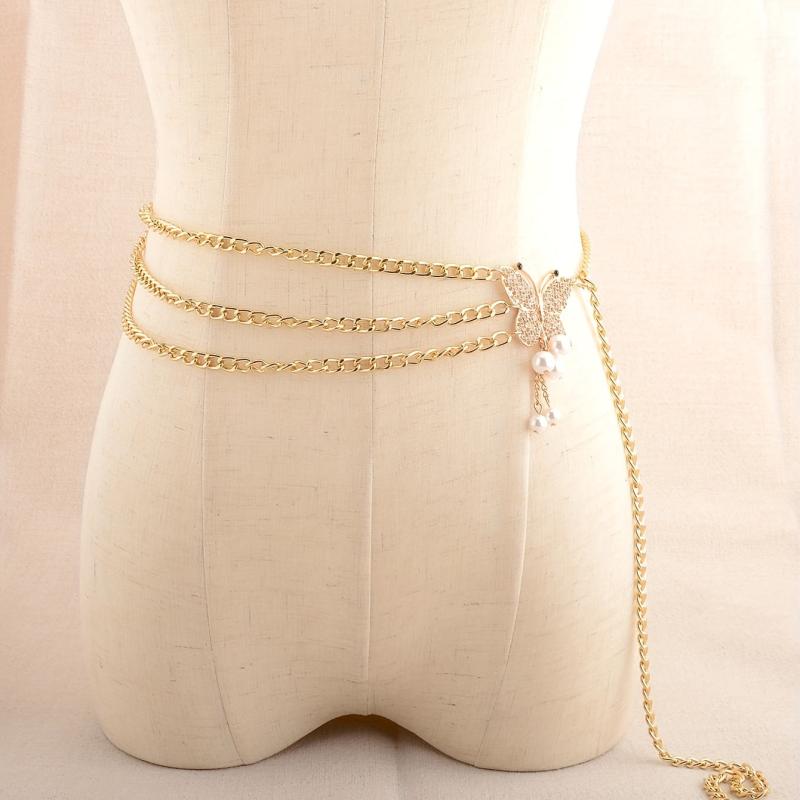 Golden Waist Chain Butterfly Buckle Faux Pearl Pendant Waistband for Women