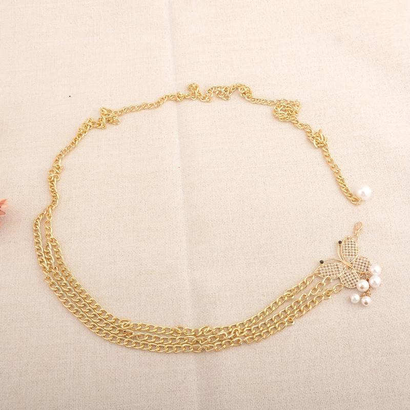 Golden Waist Chain Butterfly Buckle Faux Pearl Pendant Waistband for Women