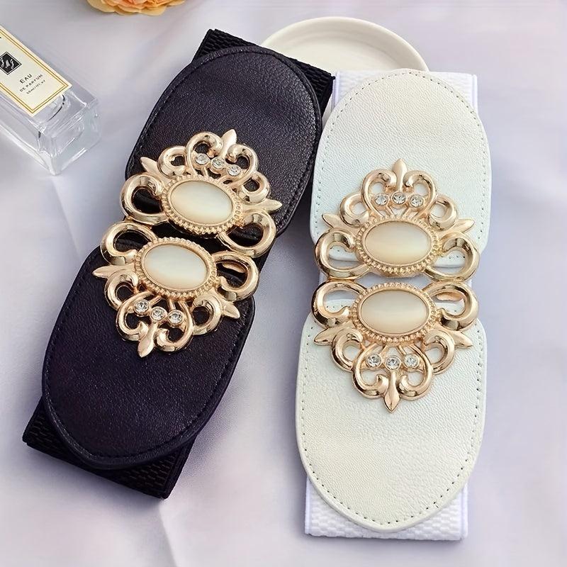 Women's Wide Elastic Belt with Double Metal Buckle