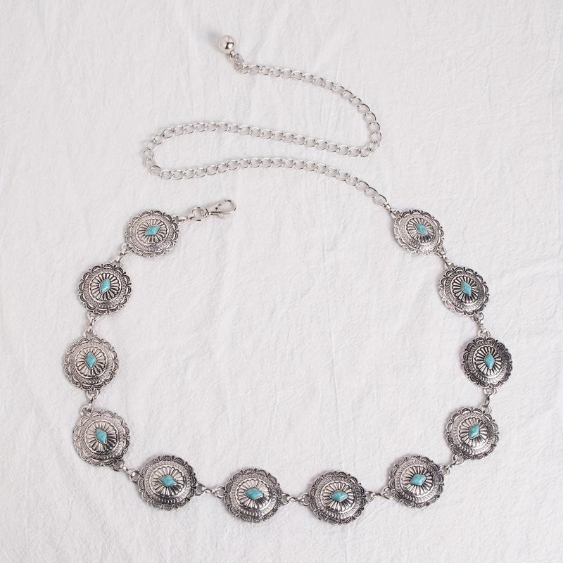Turquoise Carved Silvery Waist Chain Geometric Flower Embossed Belly Chain
