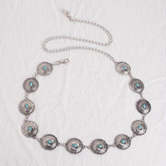 Turquoise Carved Silvery Waist Chain Geometric Flower Embossed Belly Chain