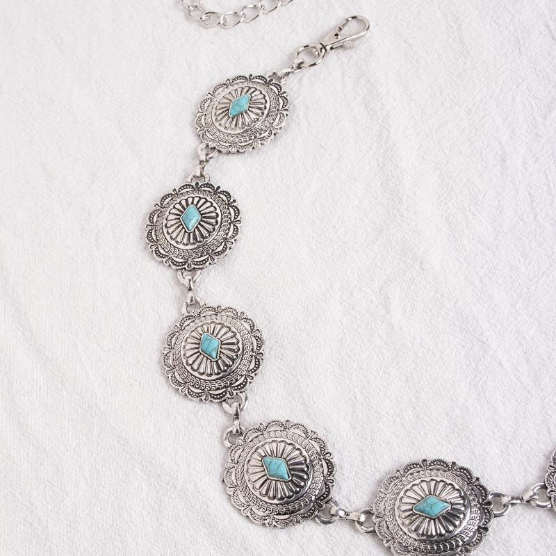 Turquoise Carved Silvery Waist Chain Geometric Flower Embossed Belly Chain