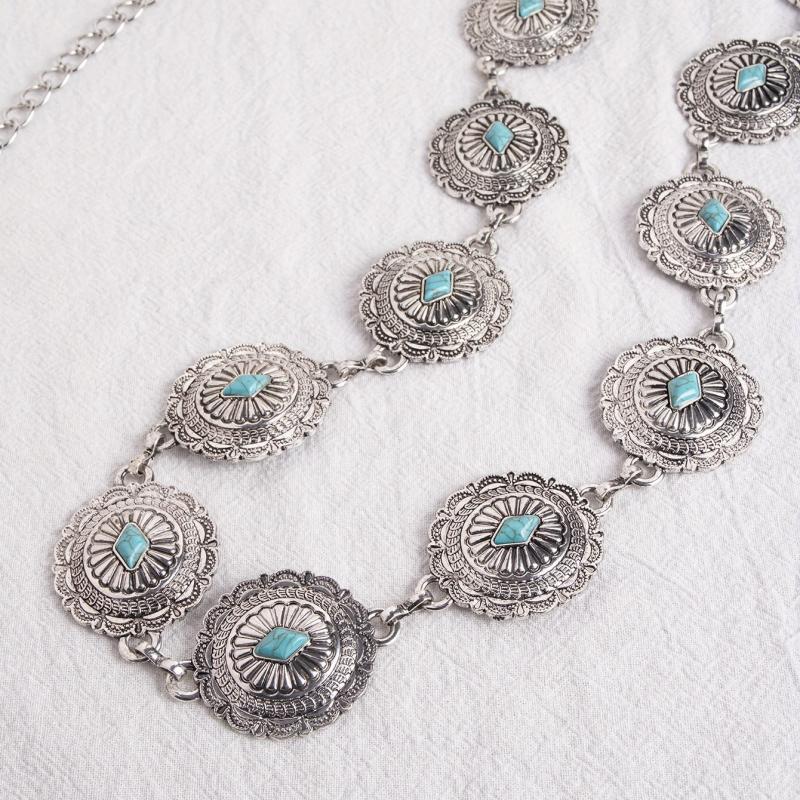 Turquoise Carved Silvery Waist Chain Geometric Flower Embossed Belly Chain