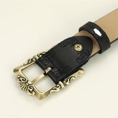 Vintage Embossed Hollow Carved Rectangular Buckle PU Belt Women