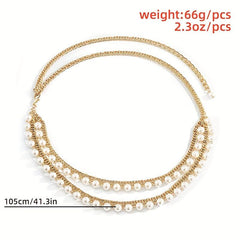 Faux Pearl Waistband Four Layer Chain - Women's Belly Chain