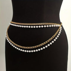 Faux Pearl Waistband Four Layer Chain - Women's Belly Chain