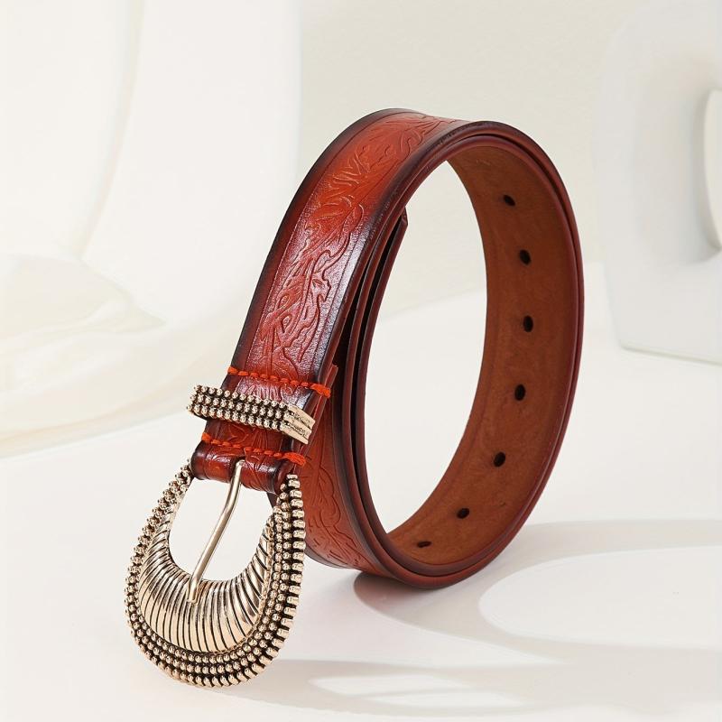 Brown Leaf Embossed Belt Oversized Buckle Adjustable
