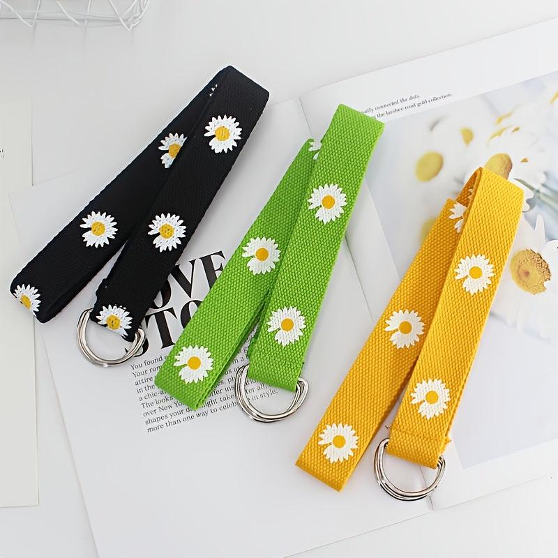 Orange Floral Print Double Buckle Canvas Belt for Women