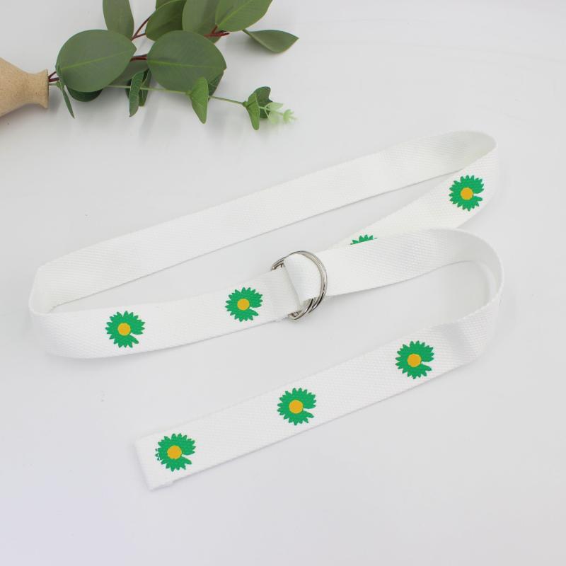 Orange Floral Print Double Buckle Canvas Belt for Women