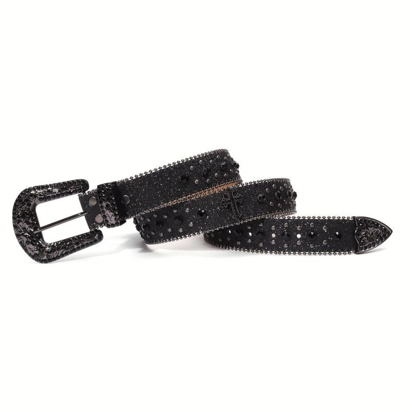 Glitter Buckle Rhinestone Belt Boho PU Leather Western Rivet Jeans Pants Women