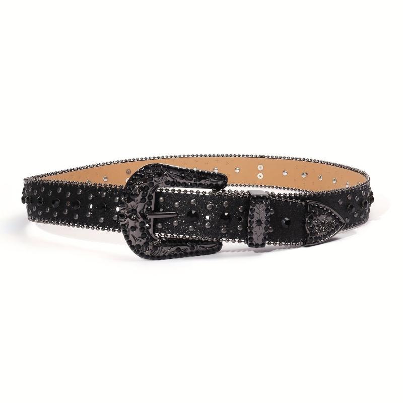 Glitter Buckle Rhinestone Belt Boho PU Leather Western Rivet Jeans Pants Women