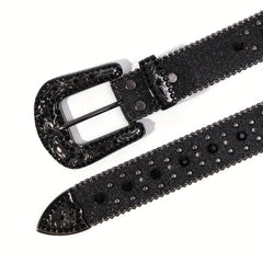 Glitter Buckle Rhinestone Belt Boho PU Leather Western Rivet Jeans Pants Women