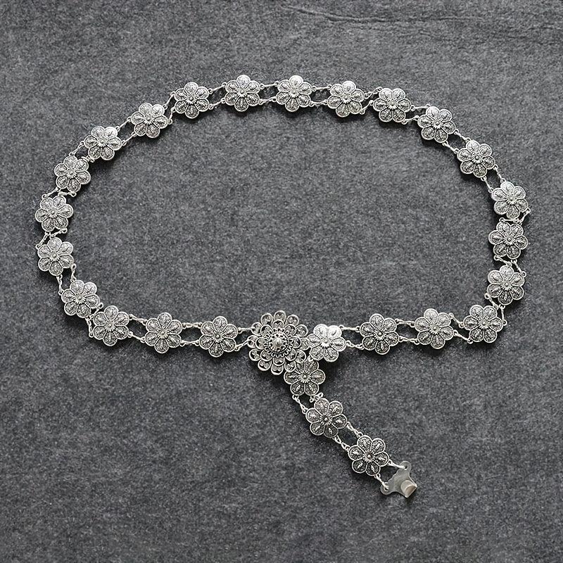Boho Flower Hollow Out Belt Silvery Metal Waist Chain Dress Girdle