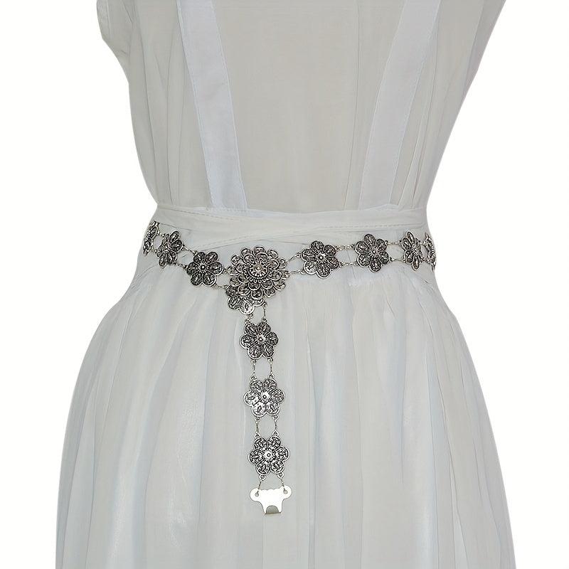 Boho Flower Hollow Out Belt Silvery Metal Waist Chain Dress Girdle