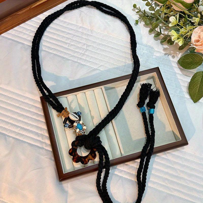 Vintage Flower Buckle Rope Belt Boho Woven Lace Up Waistband