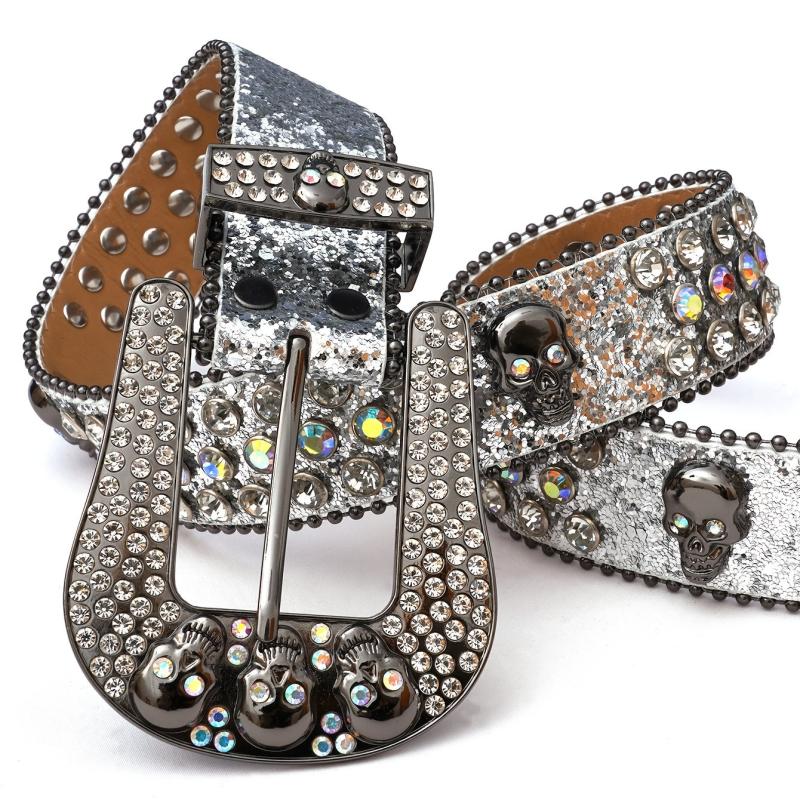 Punk Skull Rhinestone Belt Western Cowgirl Bling Studded PU Leather Y2K