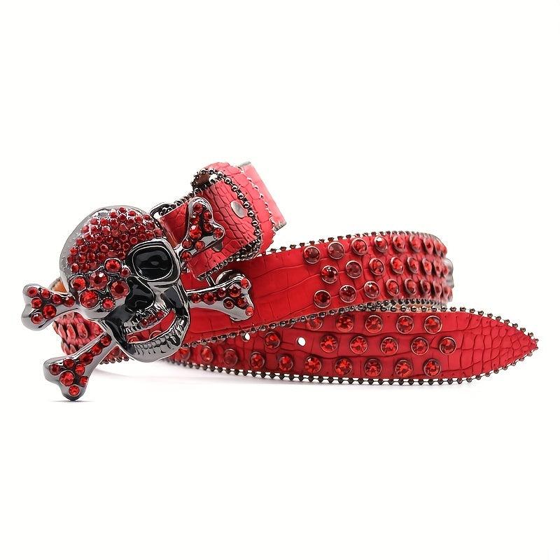 Y2K Punk Skull Rhinestone Belt Red PU Leather Jeans Pants Belt