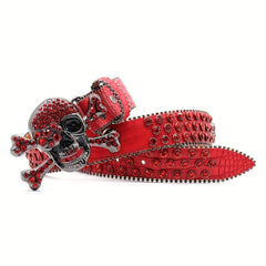 Y2K Punk Skull Rhinestone Belt Red PU Leather Jeans Pants Belt